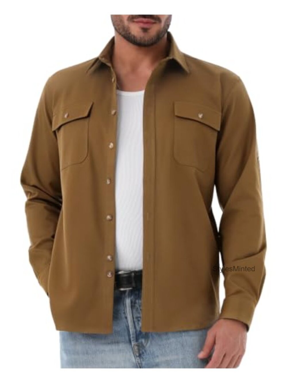 Men's Long Sleeve Work Shirt Jacket Roll-Up Sleeve Button Up Shacket Casual